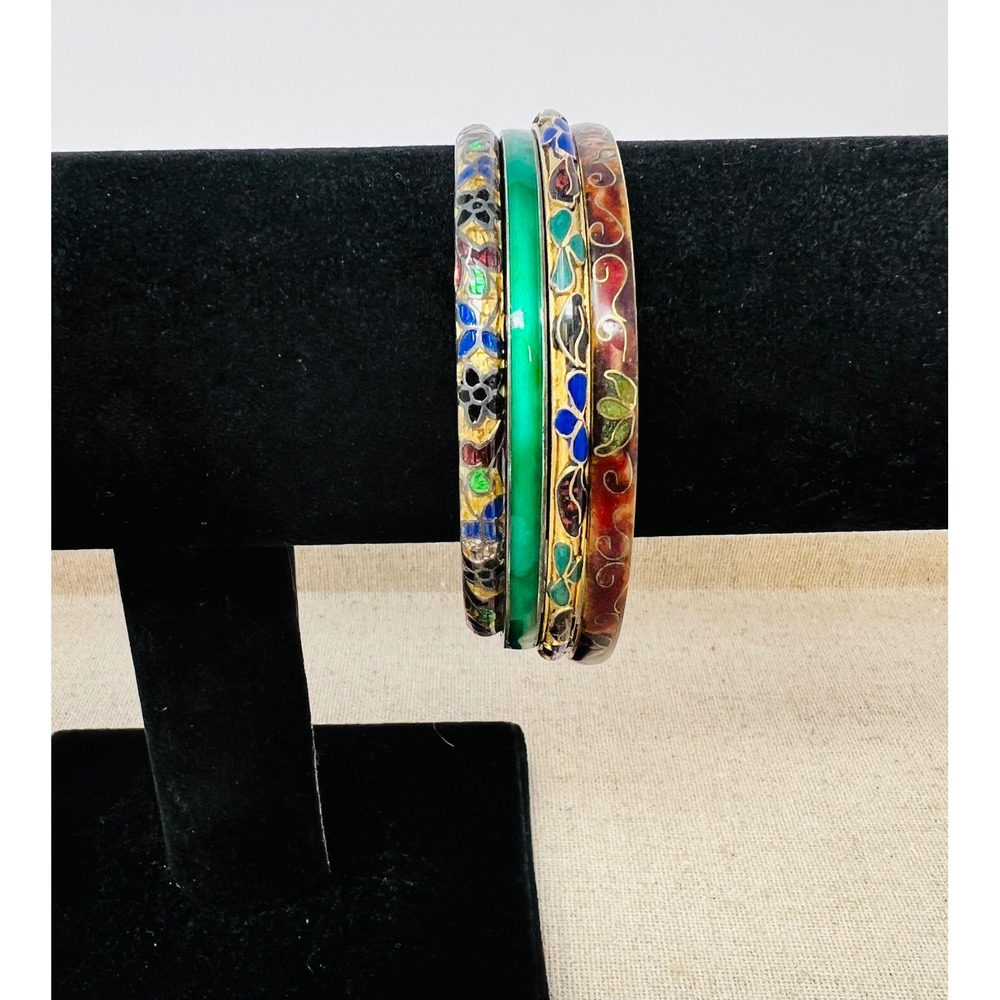 Vintage Vermeil Sterling Silver Cloisonné Floral  Enamel Bangle Bracelet Set 4pc
